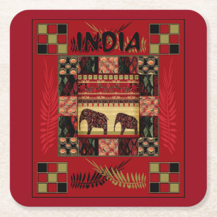 India ethnic patchwork elephants square paper coaster