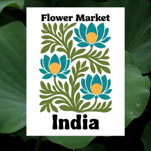 India Flower Market Teal Lotus & Botanical Leaf Postcard