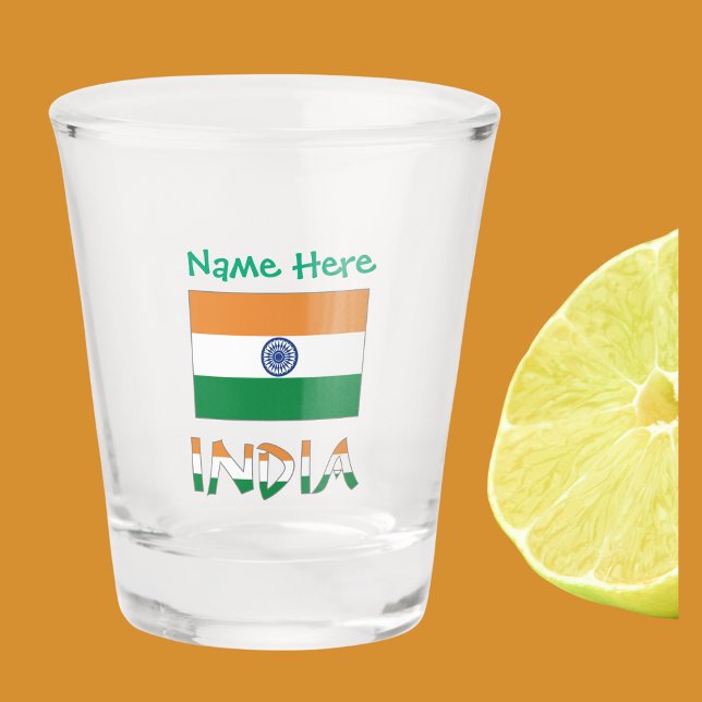 India Indian Flag Green Personalised  Shot Glass (Indian Flag on shot glass has the word INDIA below in flag colors. Add name in green text above.)