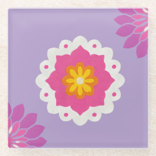 india inspired pink and purple pastel mandala glass coaster