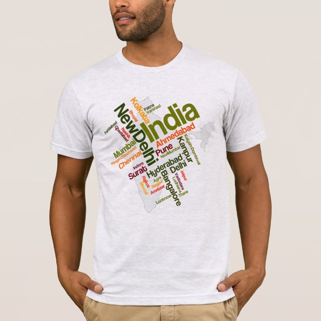India Map Silhouette Top Cities Word Cloud T-Shirt (Front)