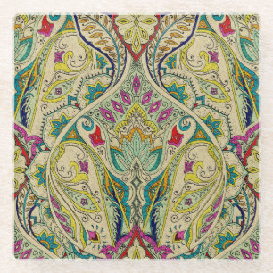 India paisley pattern, bohemian border. glass coaster