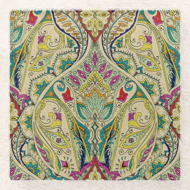 India paisley pattern, bohemian border. glass coaster (Front)