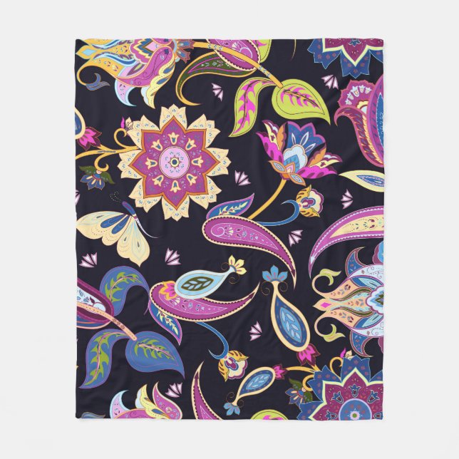 India Paisley Seamless Floral Ornament Fleece Blanket (Front)