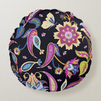 India Paisley Seamless Floral Ornament Round Cushion