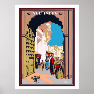 India, people on the city street, vintage travel poster
