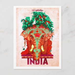 India, red elephant, vintage travel postcard