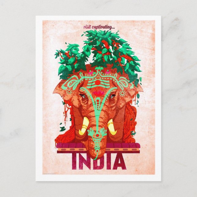 India, red elephant, vintage travel postcard (Front)