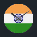 india round clock<br><div class="desc">Flag of India. The National flag of India is a horizontal rectangular tricolour flag, of India saffron, white and India green; with the Ashok Chakra, a 24-spoke wheel, in navy blue at its centre. It was adopted in its present form during a meeting of the Constituent Assembly held on 22...</div>