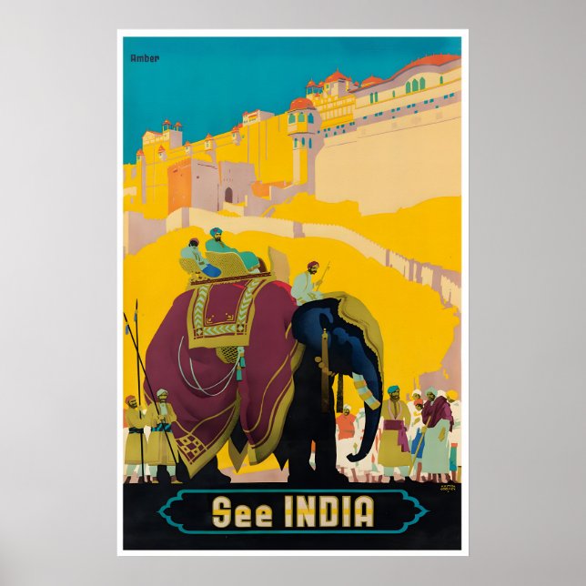 India Travel Poster Indian Print Elephant Art (Front)
