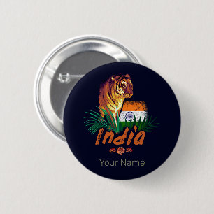 India Vintage Tiger With Flag Retro Lotus Souvenir 6 Cm Round Badge