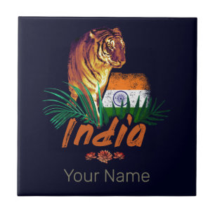 India Vintage Tiger With Flag Retro Lotus Souvenir Tile