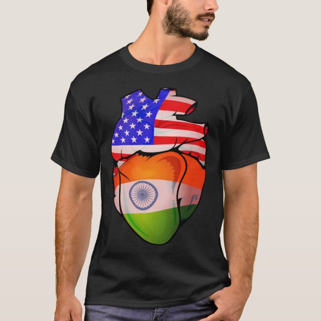 Indian American Split Anatomical Heart With Flags T-Shirt (Front)