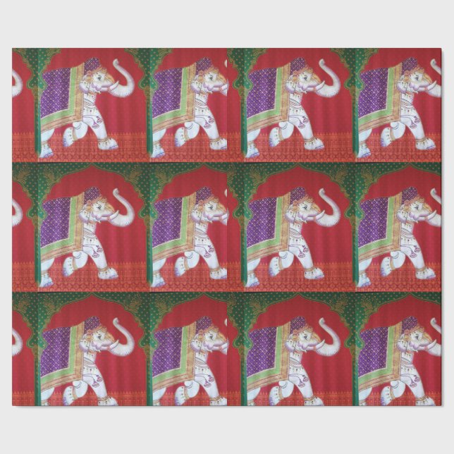 Indian art elephant red and green gift wrapper wrapping paper (Seam)