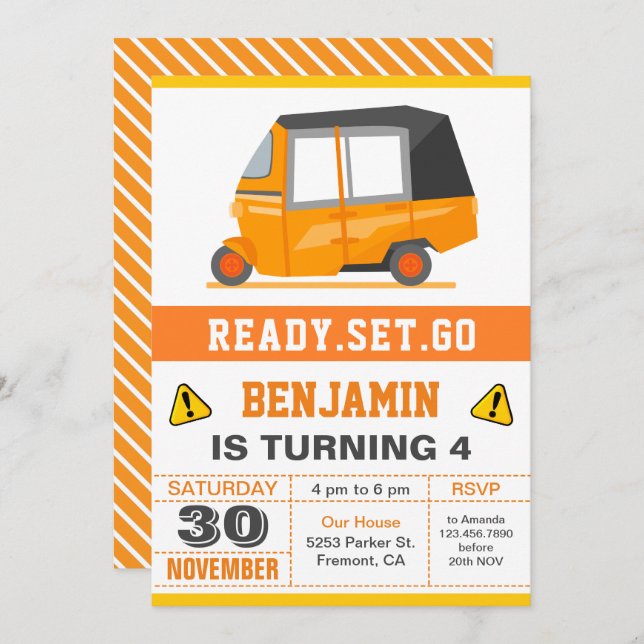 Indian Auto Rickshaw Tuk Tuk Birthday Party Invitation (Front/Back)