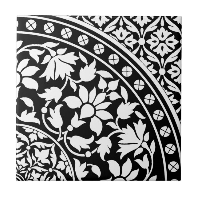 Indian Black and White Floral Geometric Pattern Tile (Front)