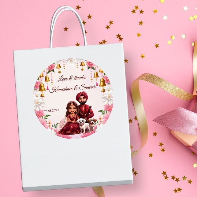 Indian bridal couple with dogs caricature favour classic round sticker (Indian bridal couple with dogs caricature Indian wedding favors personalized favor sticker template)