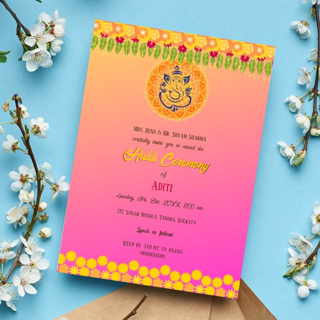 Indian Bride Haldi Ceremony Hindu Couple Floral Invitation (Creator Uploaded)