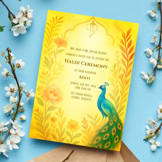 Indian Bride Haldi Ceremony Peacock Floral Invitation (Creator Uploaded)