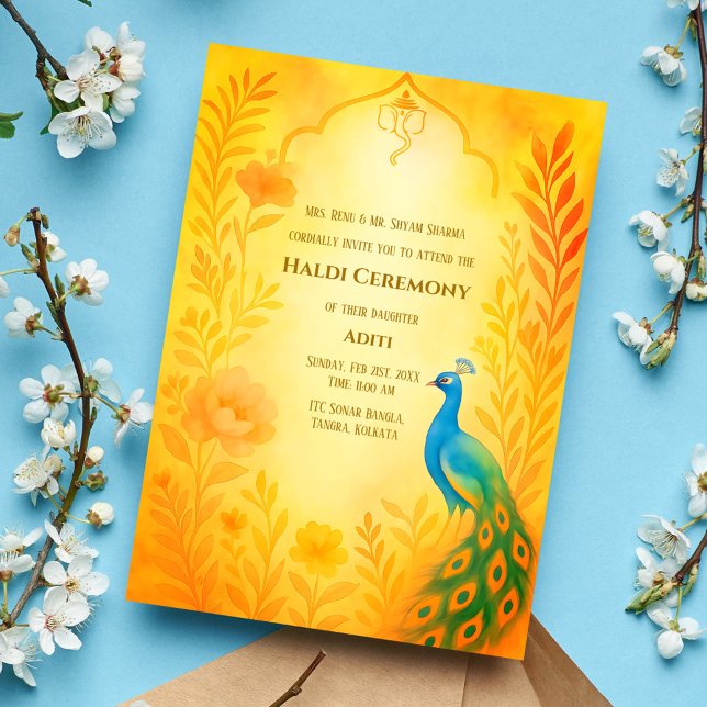 Indian Bride Haldi Ceremony Peacock Floral Invitation (Creator Uploaded)