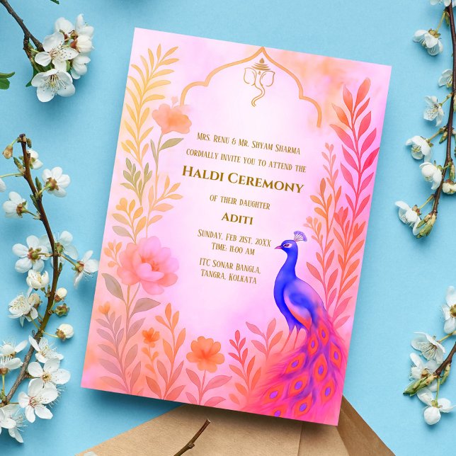 Indian Bride Haldi Ceremony Peacock Floral Invitation (Creator Uploaded)