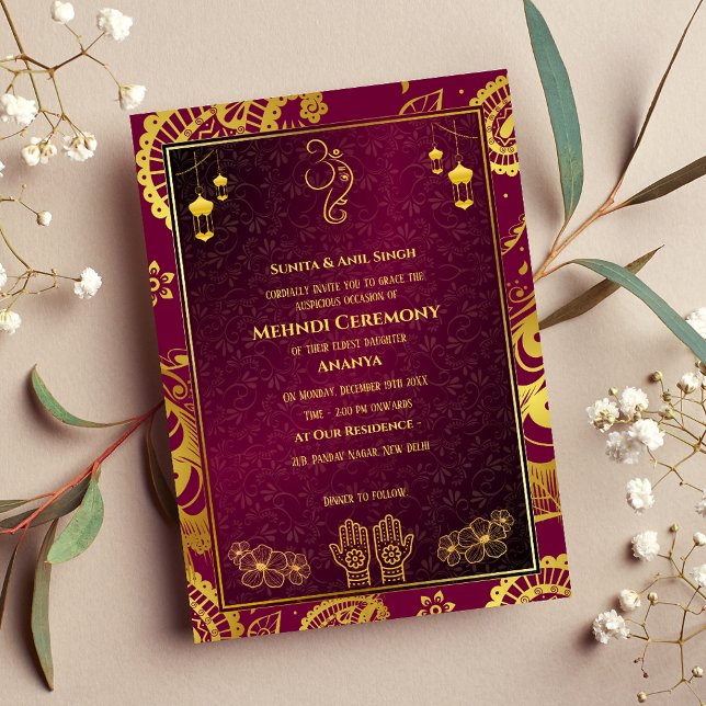 Indian Bride Mehndi Ceremony Golden Design Invitation (Creator Uploaded)