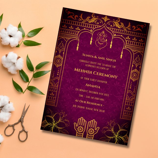 Indian Bride Mehndi Ceremony Golden Elements Invitation (Creator Uploaded)