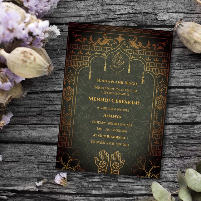 Indian Bride Mehndi Ceremony Golden Elements Invitation (Creator Uploaded)