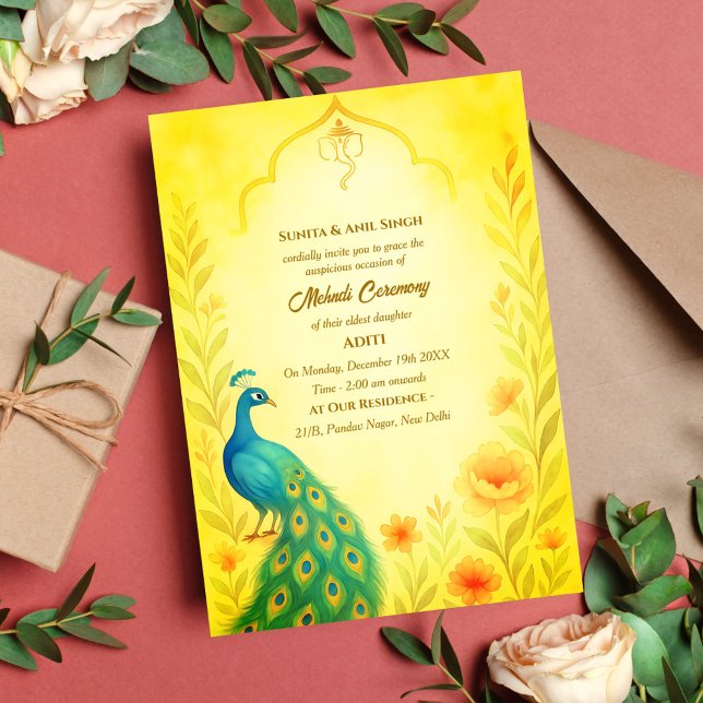 Indian Bride Mehndi Ceremony Peacock Floral Invitation (Creator Uploaded)