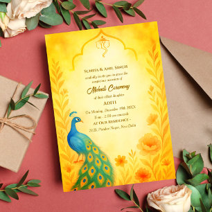Indian Bride Mehndi Ceremony Peacock Floral Invitation
