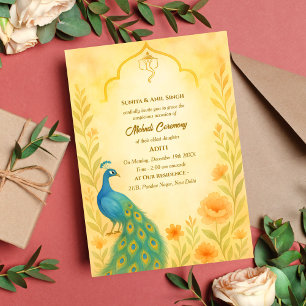 Indian Bride Mehndi Ceremony Peacock Floral Invitation