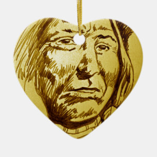 Indian Chief Pencil Sketch Ceramic Tree Decoration