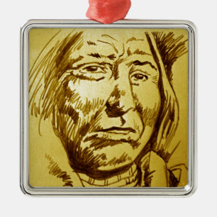 Indian Chief Pencil Sketch Metal Tree Decoration