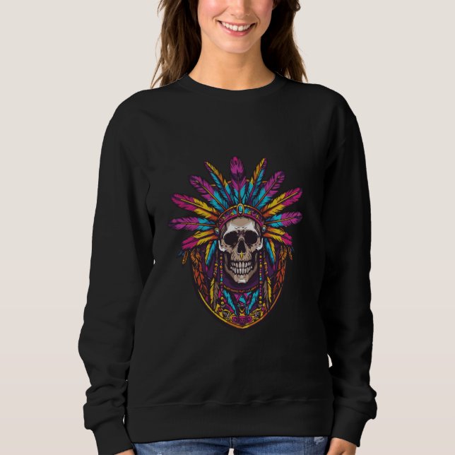 Indian Chief Skull Head With Feathers Colourful Sweatshirt (Front)
