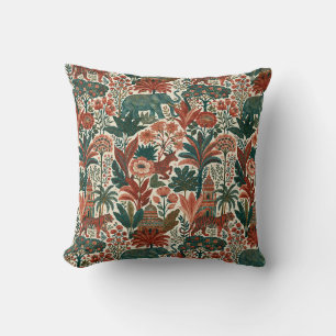 Indian Colonial Garden Elephants Tigers Vintage Cushion