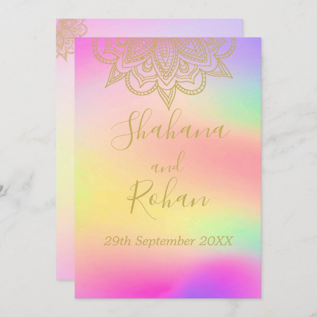 Indian Colourful Gold Colour Modern Chic Wedding  Invitation (Front/Back)