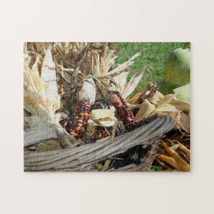 Indian Corn In Wicker Basket Autumn Jigsaw Puzzle