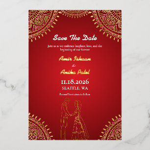 Indian Couple Wedding Red Gold Save The Date