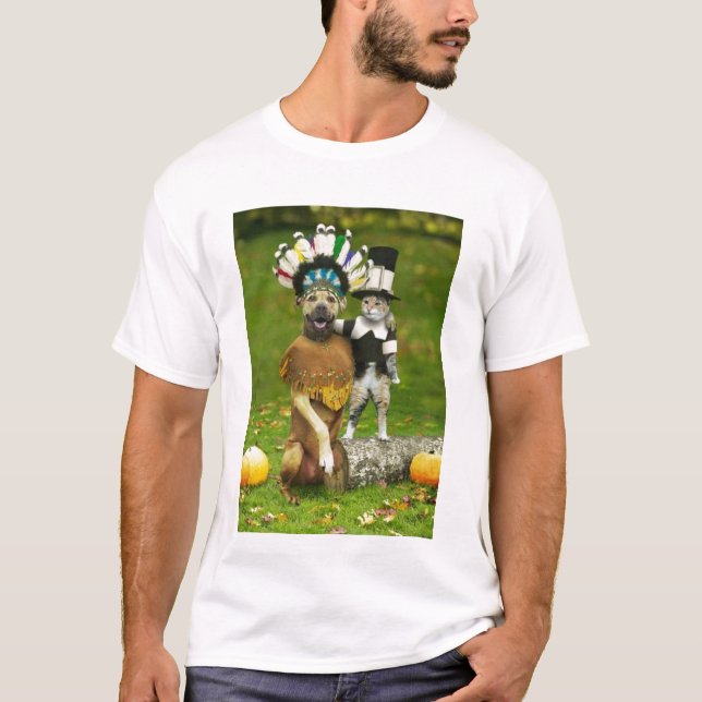 INDIAN DOG & PILGRIM CAT T-Shirt (Front)