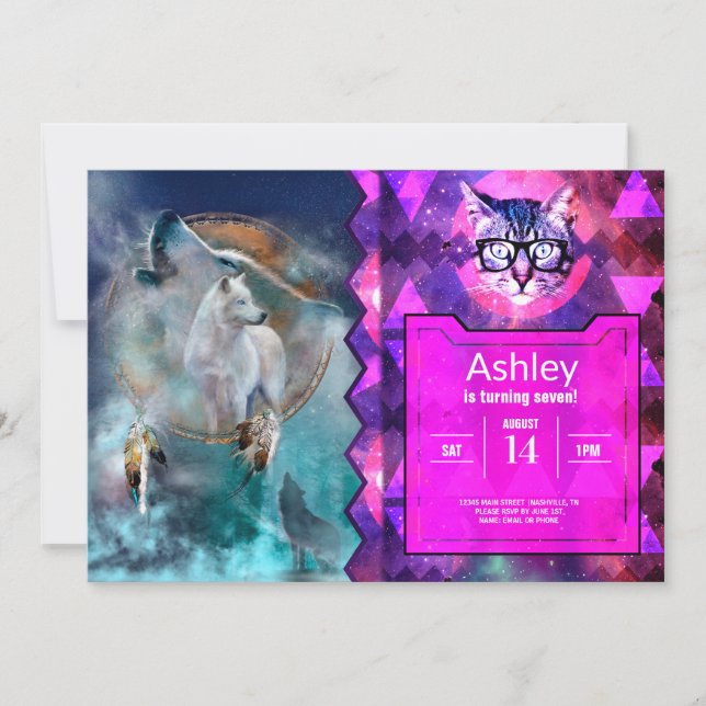 Indian dreamcatcher and ethnic tribal head wolf invitation (Front)