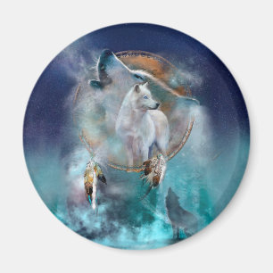 Indian dreamcatcher and ethnic tribal head wolf magnet
