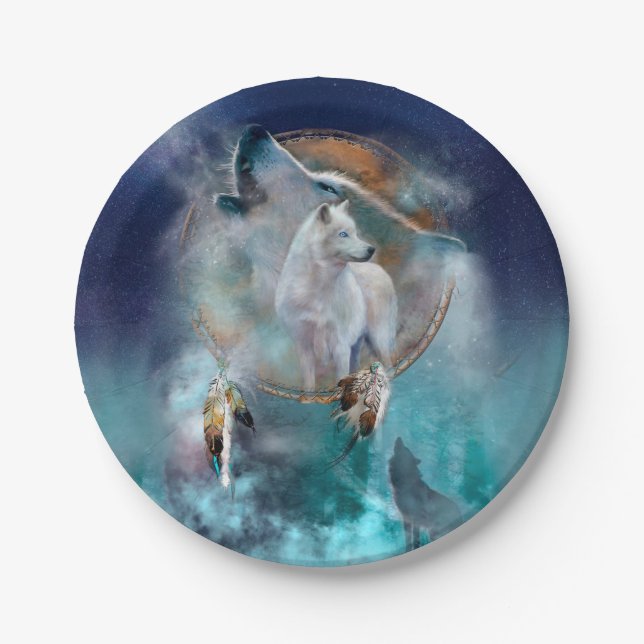 Indian dreamcatcher and ethnic tribal head wolf paper plate (Front)