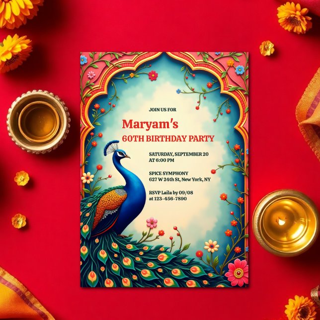 Indian Elegant Floral Peacock 60th Birthday Invitation (Indian Shashtipoorthi Peacock 60th Birthday Invitation Elegant Floral Design)