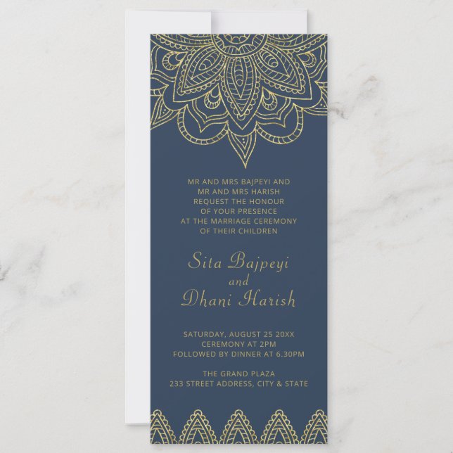 Indian Elegant Navy Gold Mehndi Hindu Wedding Invi Invitation (Front)