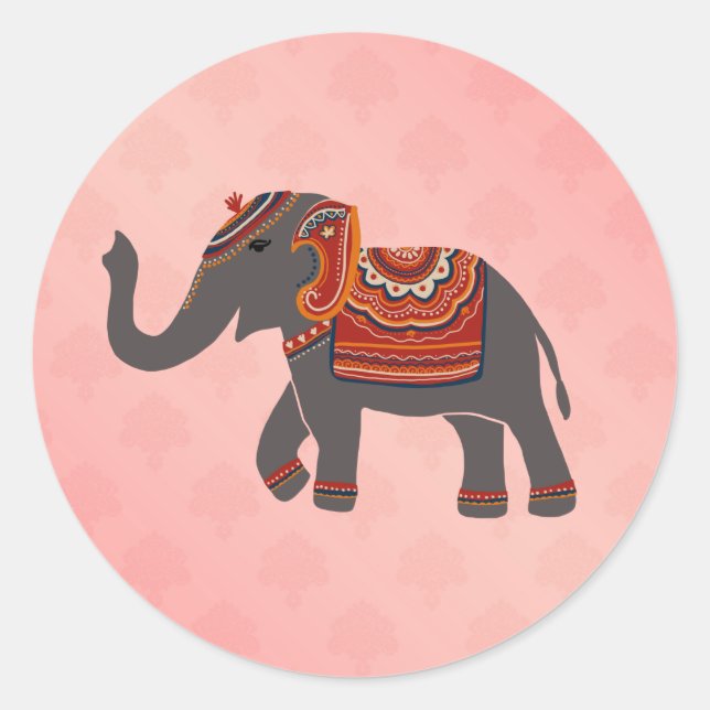 Indian Elephant Damask Pink Pattern  Classic Round Sticker (Front)