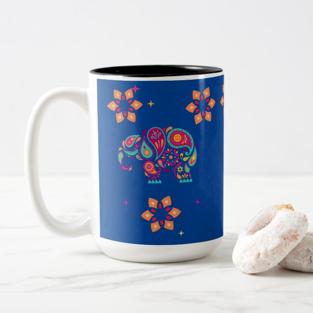 indian elephant Diwali mandala Two-Tone Coffee Mug (With Donut)