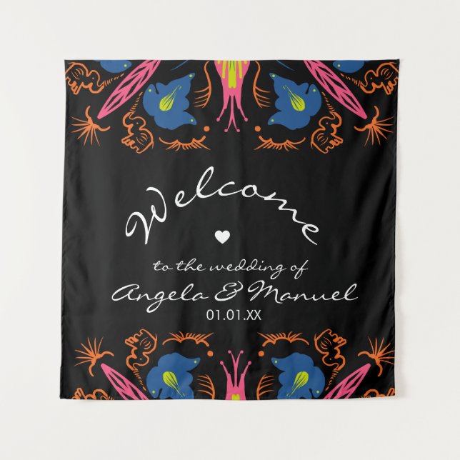 Indian Elephant Floral Black Wedding  Tapestry (Front)