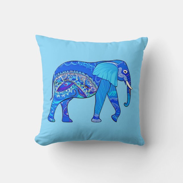 Indian Elephant in a Blue Arabesque Pattern Cushion (Front)