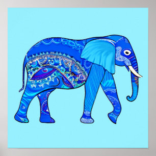 Indian Elephant in a Blue Arabesque Pattern Poster