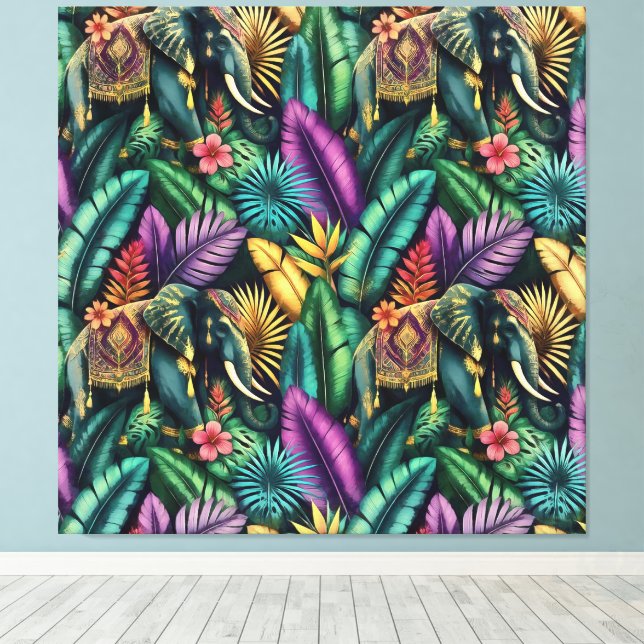 Indian Elephant Jungle Dreams Seamless Surface Pat Canvas Print (Insitu(Wood Floor))